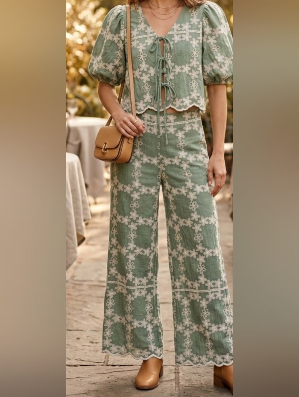 A.PEACH Sage Green Embroidered Palazzo Co-Ord Set
